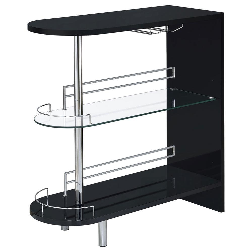 Contemporary Glossy Black Glass-Top Bar Table with Stemware Storage