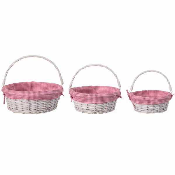 WICKERWISE Traditional White Round Willow Gift Basket with Pink and White Gingham Liner and Sturdy Foldable Handles (Set of 3)