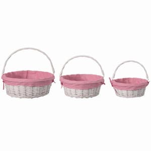 Traditional White Round Willow Gift Basket with Pink and White Gingham Liner and Sturdy Foldable Handles (Set of 3)