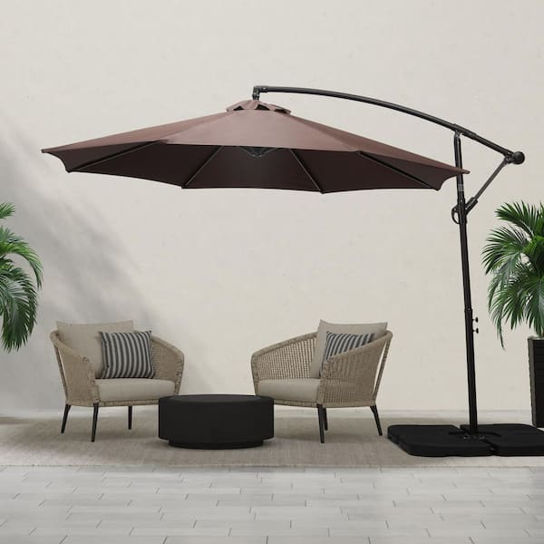 Bayshore Outdoor 10 ft. Hanging Offset Cantilever Patio Umbrella with Easy Crank Lift and Cross Base in Coffee