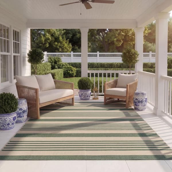 Courtyard Beige/Dark Green Doormat 2 ft. x 4 ft. Striped Indoor/Outdoor Area Rug