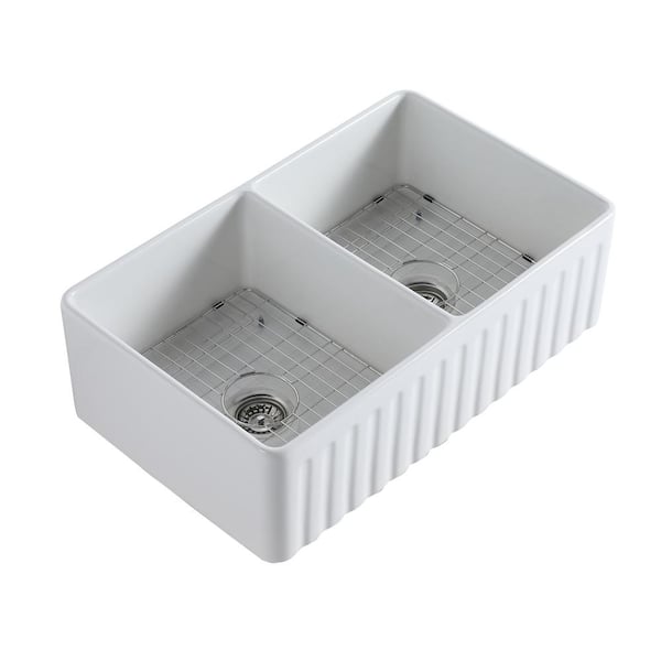 33 in. Undermount Double Bowls Gloss White Ceramic Reversible Two-Side Kitchen Sink with Grid Strainer