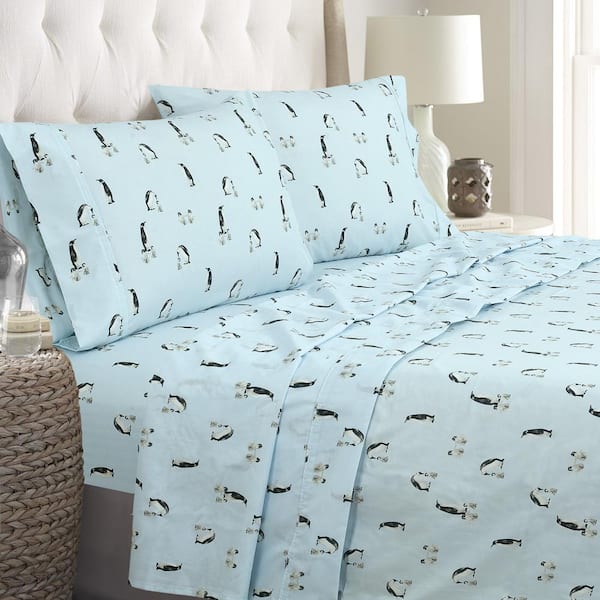 ROYALE LINENS 1800 Series Luxury Hotel Collection 3-Piece Light Blue Penquin Print Brushed Microfiber Twin Hypoallergenic Sheet Set