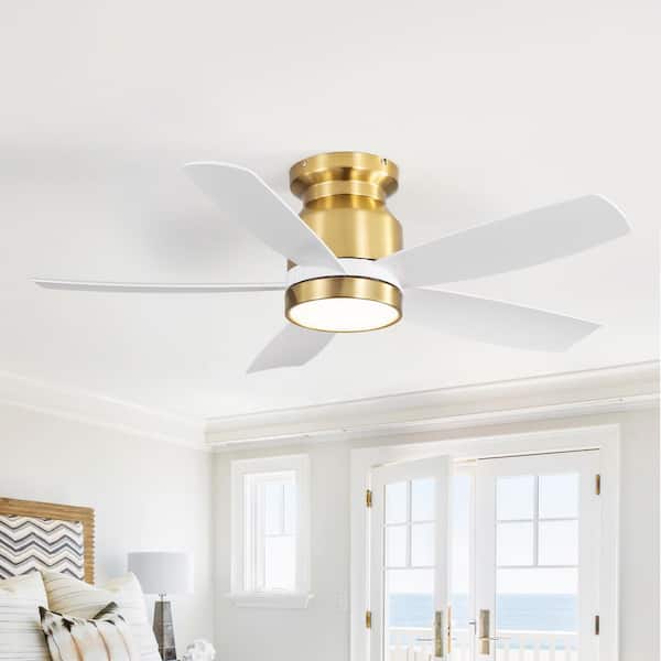 Sofucor 42in.Indoor/Outdoor Flush Mount White Ceiling Fan w/Dimmable 3-Color LED Lights and reversible 6-Speed DC Remote Control