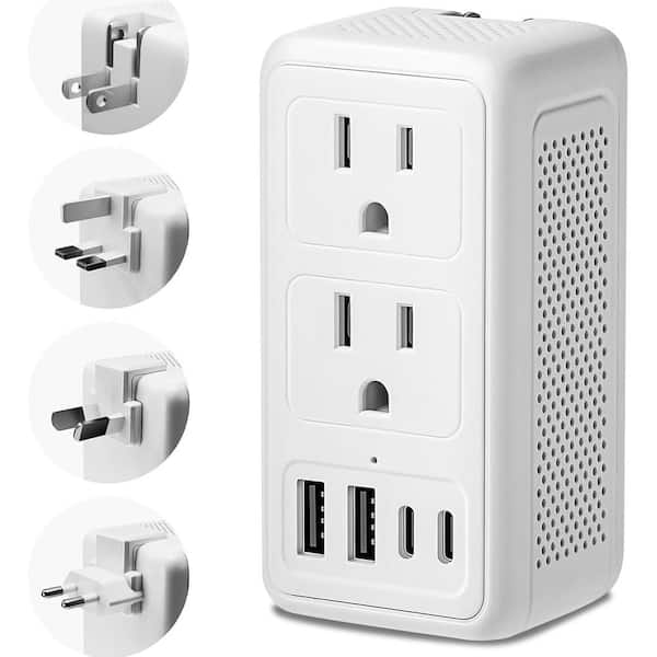 Lukyamzn Universal Travel Adapter Surge Protector Voltage Converter 220V to 110V with 2-Outlets, 2 USB-A, 2 USB-C Ports in White