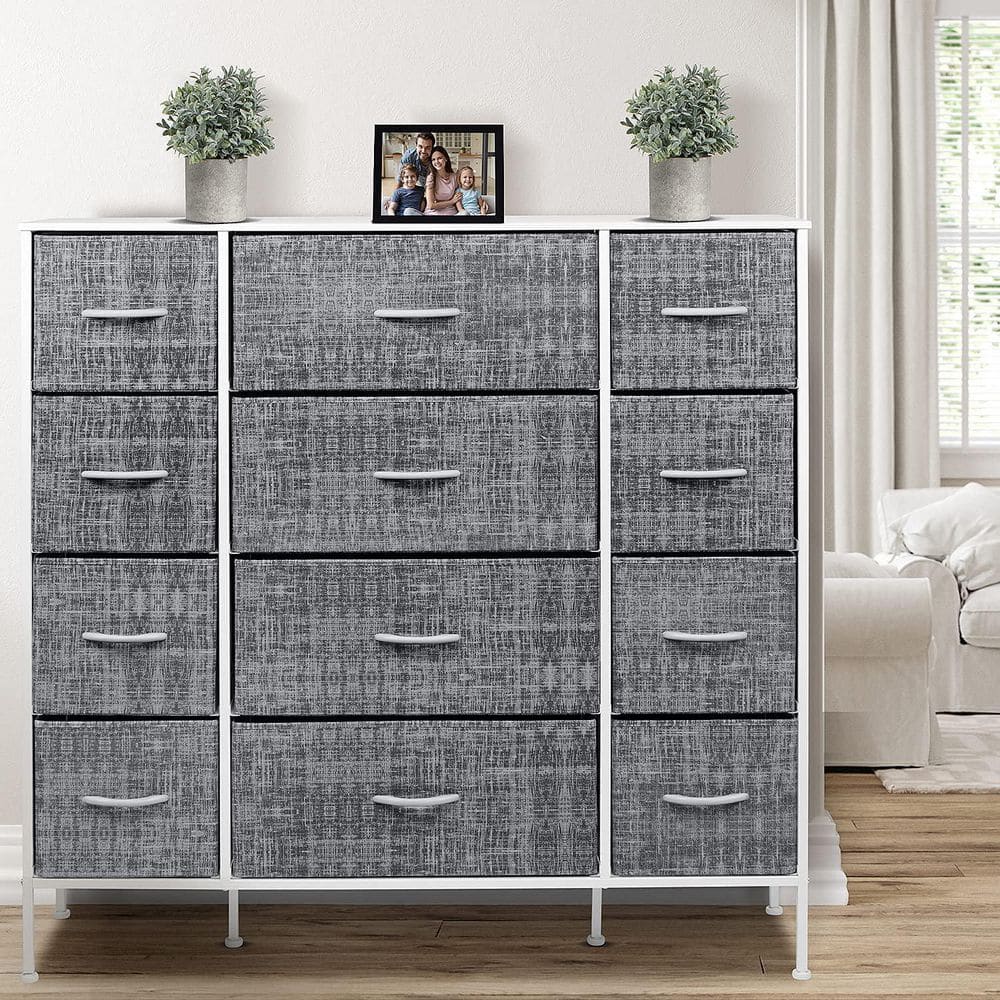Gray and White 12-Drawer Steel Frame Dresser with Wood Top