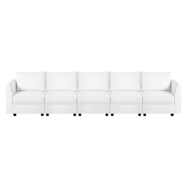 MAYKOOSH 138.59 in. Armless 5-piece Faux Leather Sectional Sofa in. Bright White with Sleeper Function