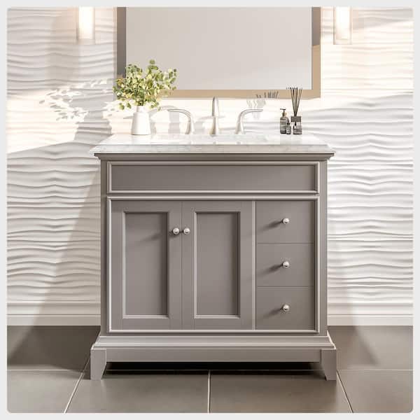 Eviva Elite Princeton 36 in. W x 24 in. D x 34 in. H Bath Vanity in Gray with White Carrera Marble Top with White Sink