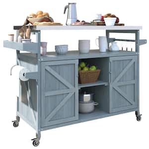 Kitchen Island Wood Outdoor Bar Rolling Cart, Storage Cabinet, Table w/Stainless Steel Top, Spice And Towel Rack in Blue