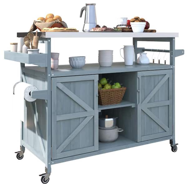 Unbranded Kitchen Island Wood Outdoor Bar Rolling Cart, Storage Cabinet, Table w/Stainless Steel Top, Spice And Towel Rack in Blue