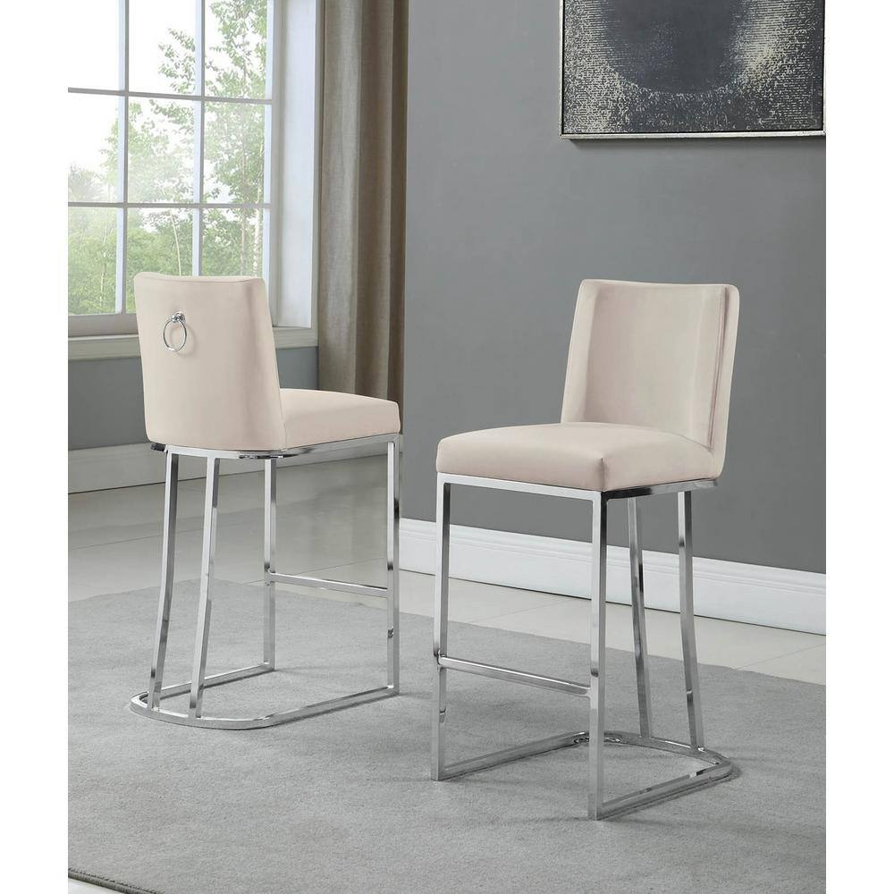 Sleek Beige Velvet 24" Counter Stool with Chrome Sleigh Legs - Set of 2