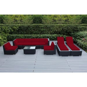 Black 9-Piece Wicker Patio Combo Conversation Set with Sunbrella Jockey Red Cushions