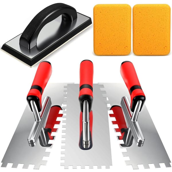 11.02 x 8.27 Stainless Steel Square Notch Trowel Set with Rubber Grout Float and Sponges for Tile Installation