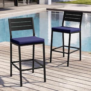 2-Piece Metal Outdoor Bar Stool with Cushion in Navy Blue