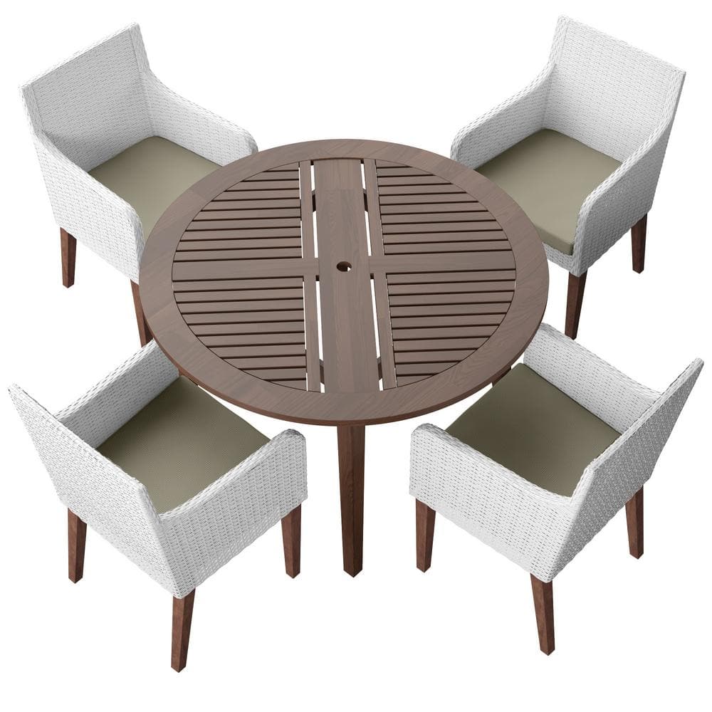 TK CLASSICS 5-Piece Wicker and Acacia Outdoor Dining Set with 4 Dining Armchairs with Beige Cushions -  7006489