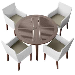 5-Piece Wicker and Acacia Outdoor Dining Set with 4 Dining Armchairs with Beige Cushions