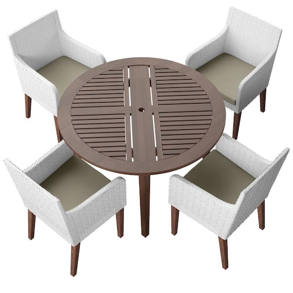 TK CLASSICS 5-Piece Wicker and Acacia Outdoor Dining Set with 4 Dining Armchairs with Beige Cushions