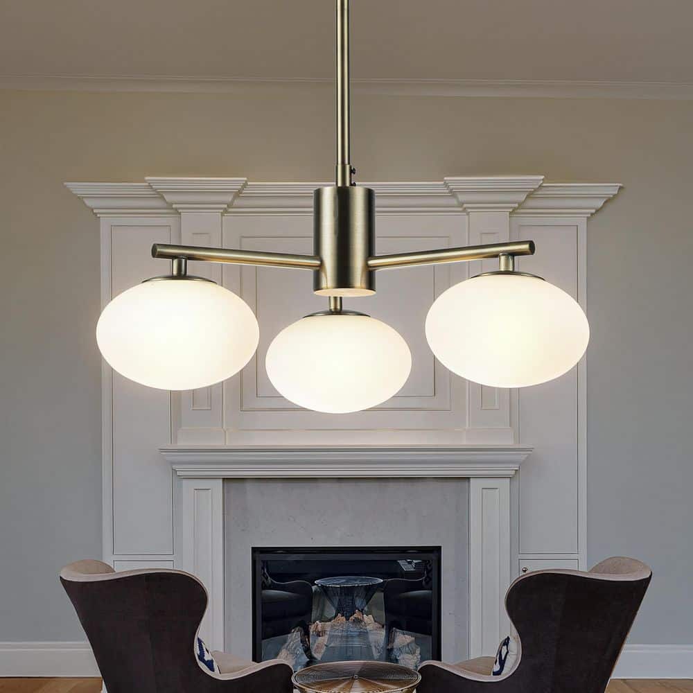 3-Light W 20 in. Antique Brass Mid Century Modern Globe Chandelier with Opa
