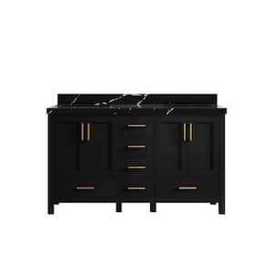 Malibu 60 in. W x 22 in. D x 36 in. H Double Sink Bath Vanity in Black with 2 in. Calacatta Black Top