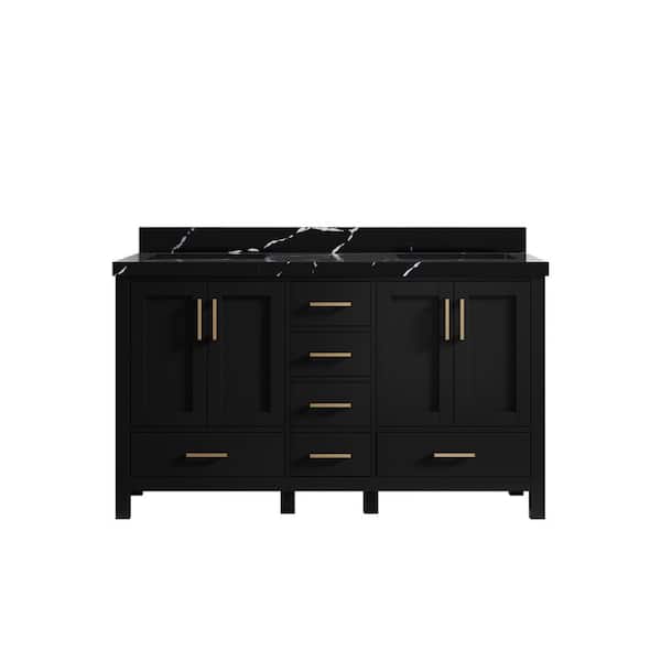 Willow Collections Malibu 60 in. W x 22 in. D x 36 in. H Double Sink Bath Vanity in Black with 2 in. Calacatta Black Top