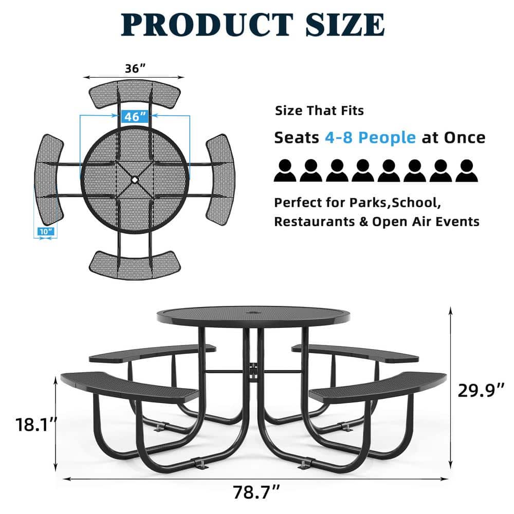 Black Round Steel Outdoor Picnic Table with Attached Benches