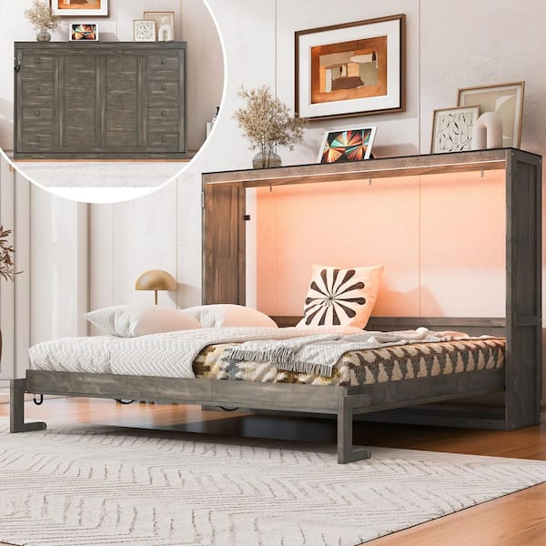 Brown Wood Frame Queen Size Murphy Bed Cabinet Bed with 7 Colors LED Light