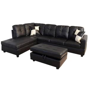 Black Faux Leather 3-Seater Left-Facing Chaise Sectional Sofa with Storage Ottoman