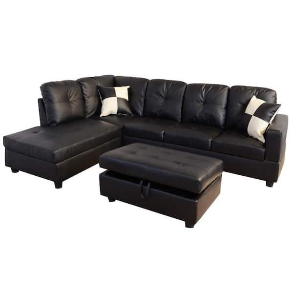 Black faux leather store sectional sofa