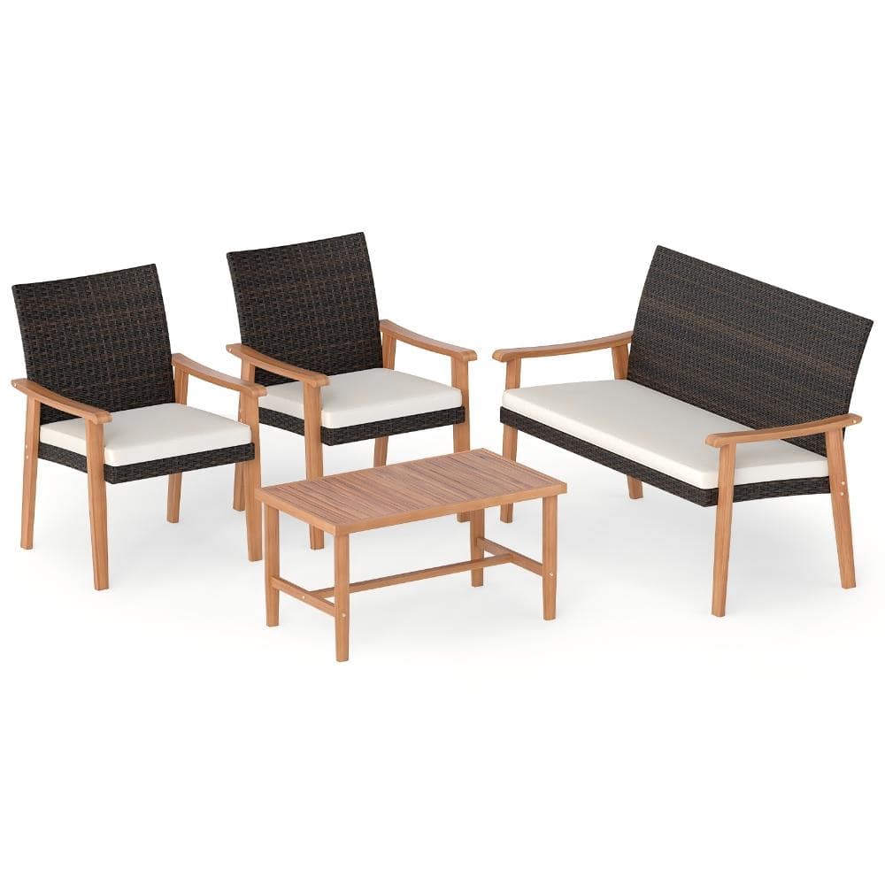 4-Piece PE Rattan Outdoor Patio Conversation Set with Coffee Table and Cushions, White price history on PriceWatchPro