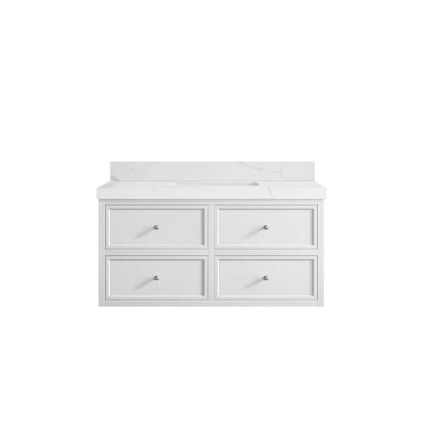 Willow Collections Roswell Floating 42 in. Single Sink Freestanding White Bath Vanity with Calacatta Laza Qt. Top Unassembled