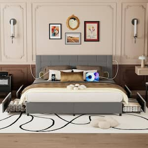 Upholstered Bed Deep Gray Metal Frame King Platform Bed with USB Charging, Drawers & No Boxspring Needed, Easy Assembly