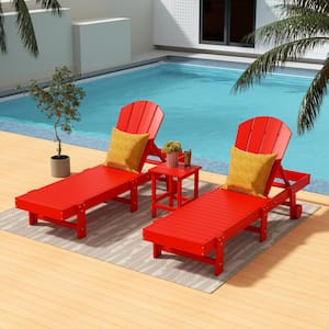 Laguna 3-Piece Outdoor Patio Adjustable HDPE Reclining Adirondack Chaise Lounger with Wheels, Side Table Set, Red