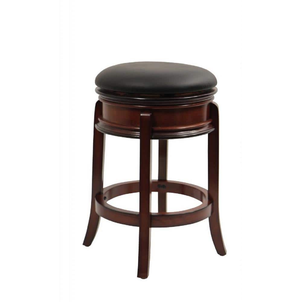 Brandy Wood and Black Leather Swivel Counter Stool