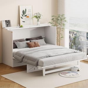 Brushed White Wood Frame Queen Murphy Bed with Spacious Drawer, USB Charging Station