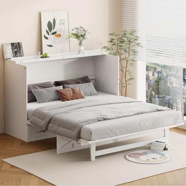 Harper & Bright Designs Brushed White Wood Frame Queen Murphy Bed with Spacious Drawer, USB Charging Station