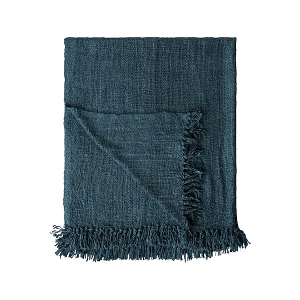 Storied Home Navy Blue Woven Viscose Throw Blanket with Fringe