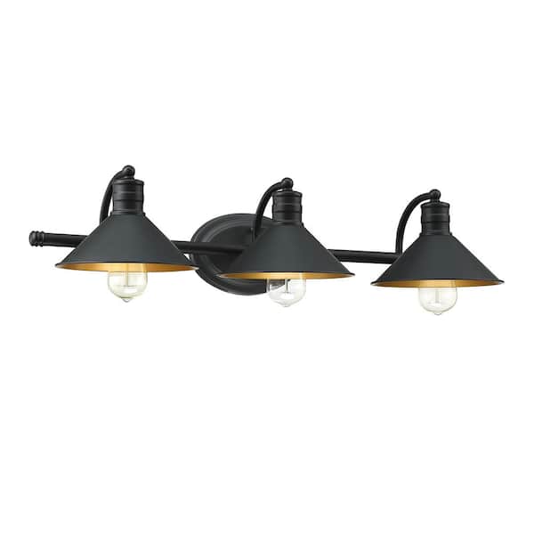 Hukoro 28 in. 3-Light Vanity Light with Matte Black Finish and Gold Painting Inside