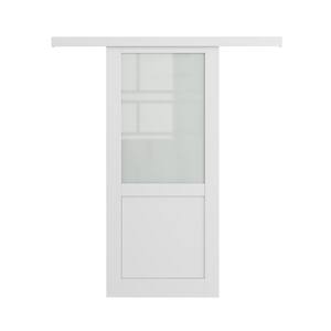 36 in. x 80 in. Hidden Track Style 1/2 Lite Frosted Glass White Primed MDF Sliding Barn Door with Hardware Kit
