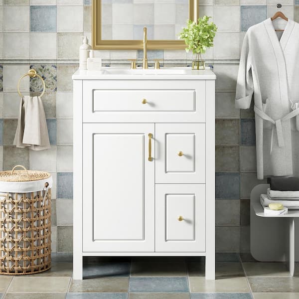 24 in. Single Sink Freestanding White Bath Vanity with White Ceramic Top Unassembled