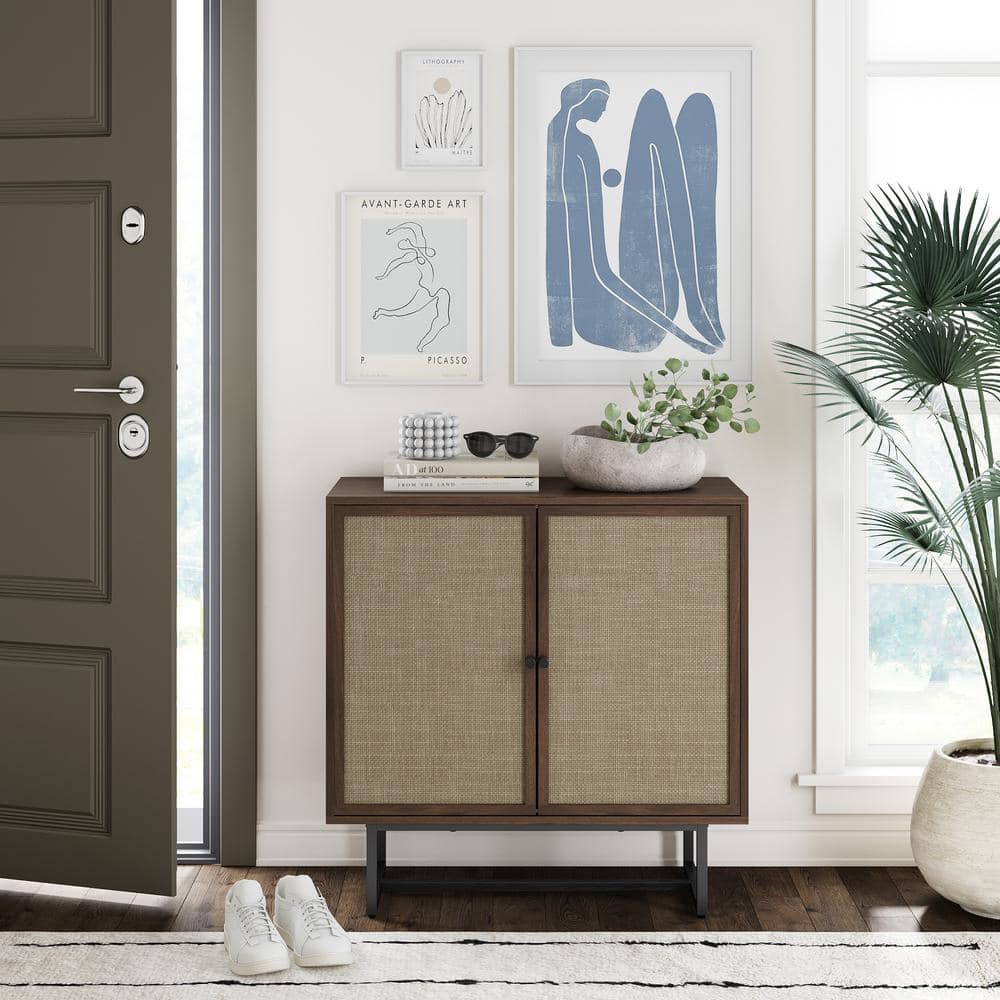 Walnut and Rattan Freestanding Storage Cabinet with Adjustable Shelves