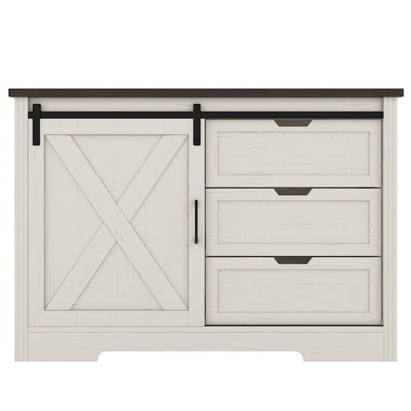 47.2 in. W x 15.7 in. D x 31.8 in. H Beige Pantry Cabinet With 3 Drawers and Sliding Doors with Brown Top