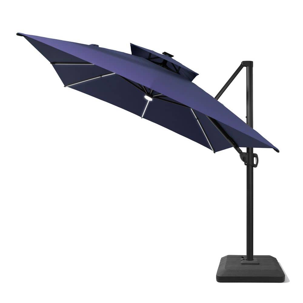 13 ft. x 10 ft. Solar LED Double Top Patio Umbrella 360° Swivel Offset Cantilever Umbrella with Stand in Navy Blue price history on PriceWatchPro
