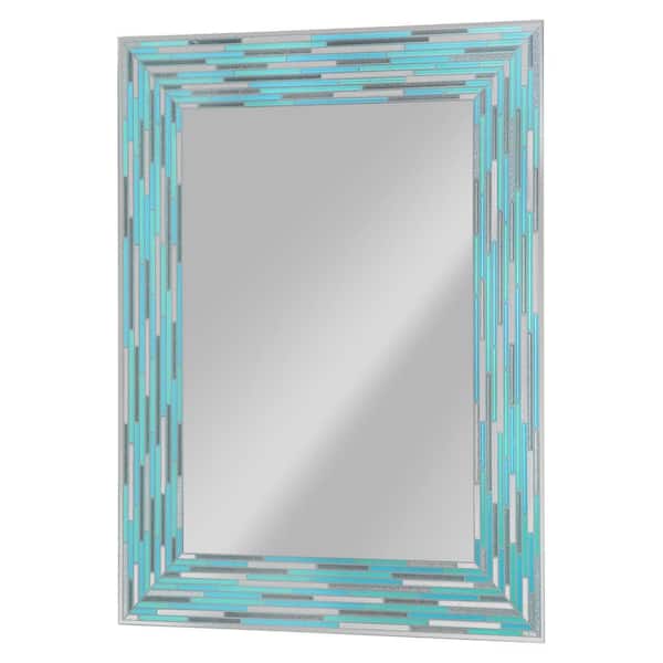 Deco Mirror 24 in. W x 30 in. H Rectangular Frameless Mosaic Tile Print Reeded Sea Glass Wall Bathroom Vanity Mirror in Aqua