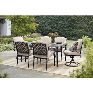 Laurel Oaks 7-Piece Black Steel Outdoor Patio Dining Set with CushionGuard Standard Putty Tan Cushions