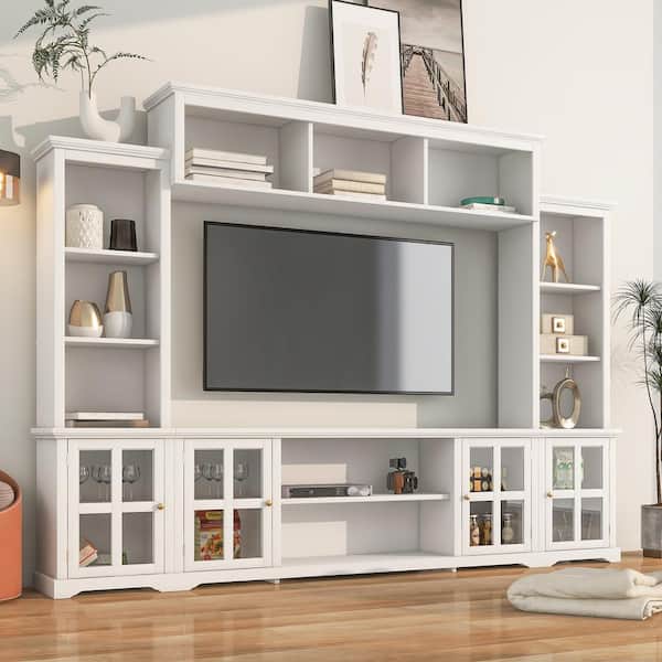 Harper & Bright Designs White Minimalism Style TV Stand Fits TV's up to 70 in. with 3-Tier Shelves and Tempered Glass Door