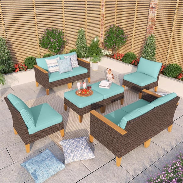 Brown Rattan Wicker 8-Seat 8-Piece Steel Patio Outdoor Sectional Set with Blue Cushions