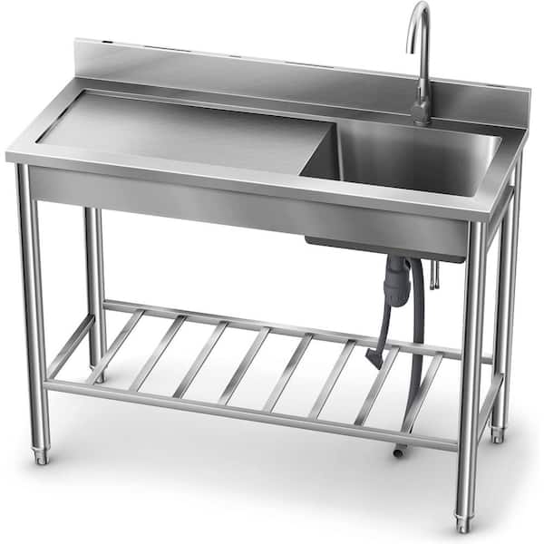 UKISHIRO 47.2 in. Freestanding Stainless Steel 1-Compartment Commercial Kitchen Sink with Faucet, Basin, Legs, and Undershelf