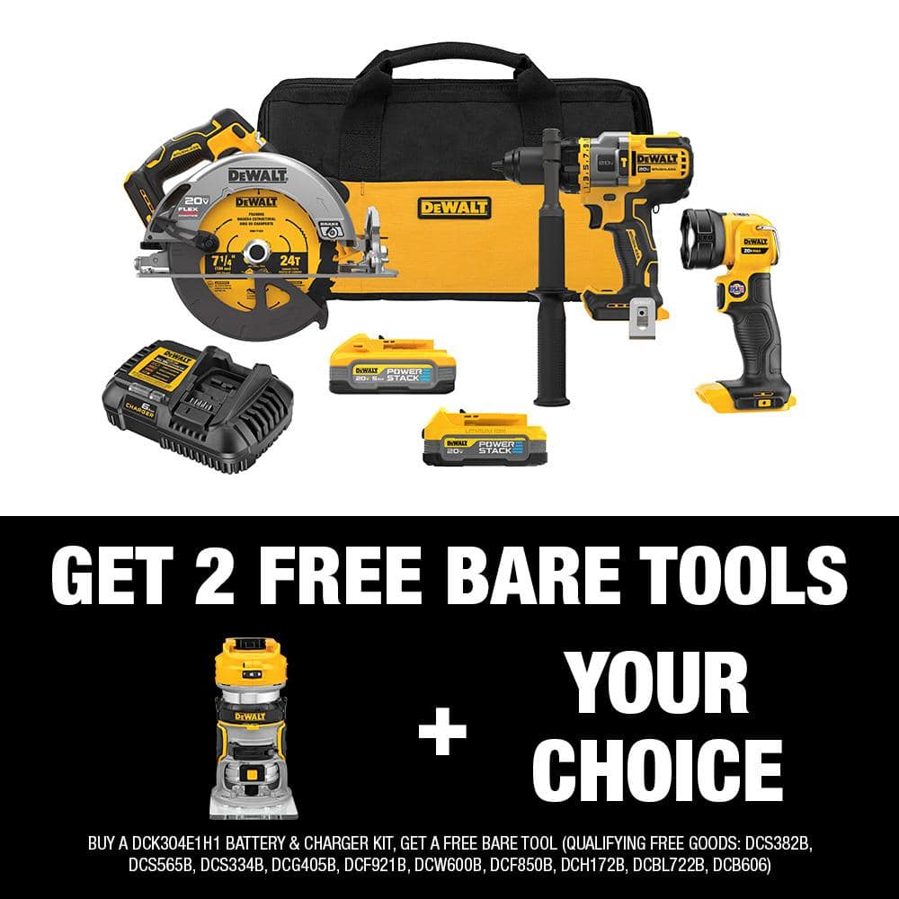 DEWALT 20V MAX Lithium-Ion Cordless 3-Tool Combo Kit and Brushless Fixed Base Compact Router with 5Ah Battery and 1.7Ah Battery -  DCK304E1H1W600B