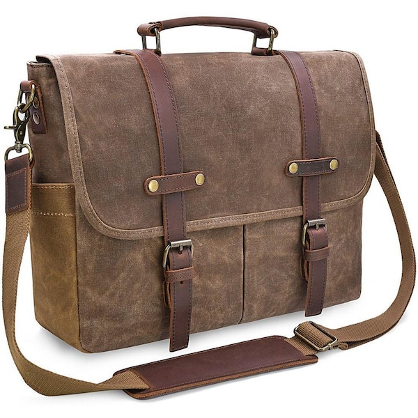 Vintage Distressed Brown, Crazy Horse Leather and Canvas, Waterproof Messenger Bag with 15 in. Laptop Compartment