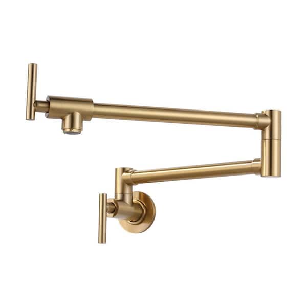 Modern Wall Mount Pot Filler Kitchen Faucet with Double Joint Swing Arm 360° Rotation in Brushed Gold